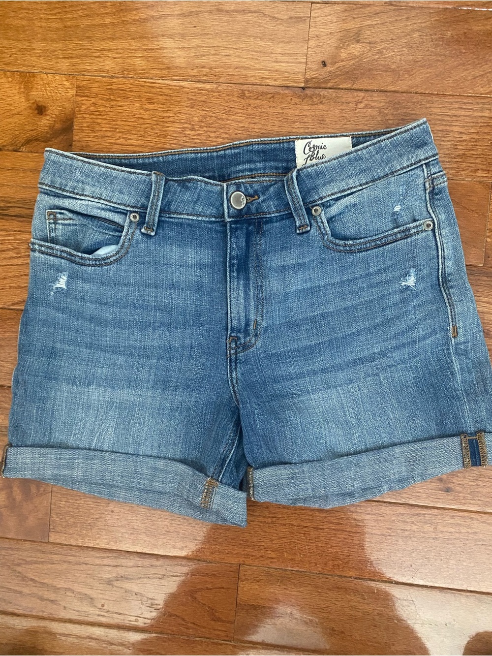 Cosmic Blue Love Distressed Denim Shorts Rolled Cuff Mid Rise Size 29